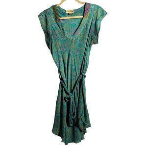 Fairycore 100% Silk Teal Green Paisley Mini Dress w Belt L Sheer Boho Romantic